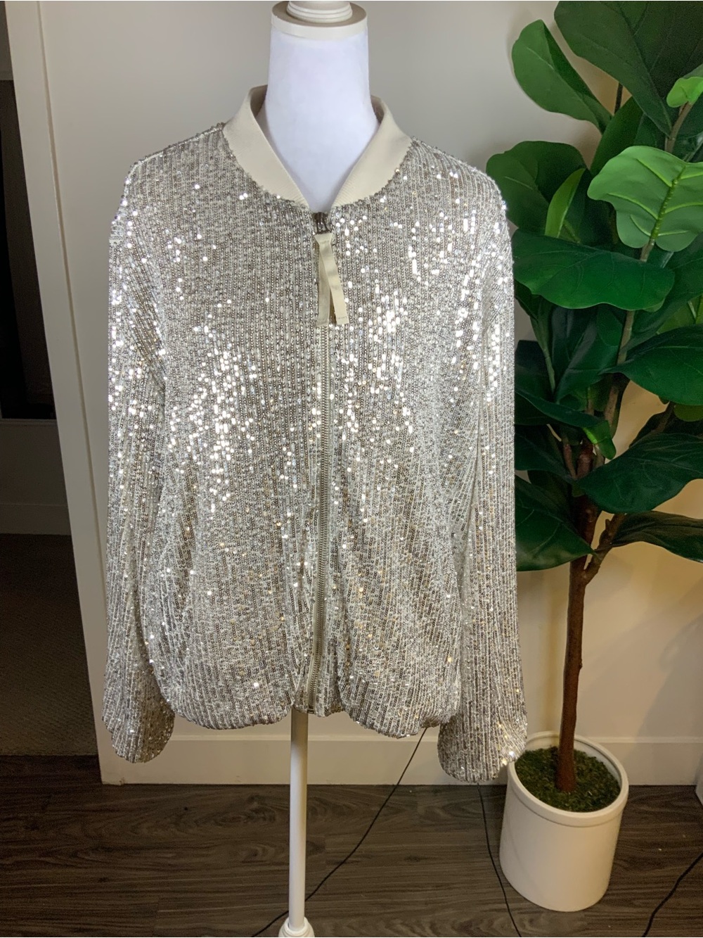 LOFT Silver Sequin Bomber Jacket with Cream Trim